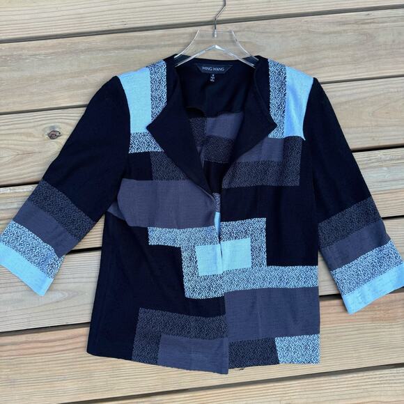 Ming Wang Sweaters - Ming Wang Cardigan Sweater Knit Geometric Patchwork Art to Wear Size Small